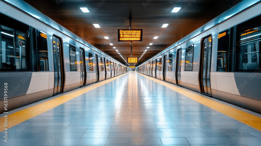 Fototapeta premium Nearly empty metro station with dim lighting and sleek train cars creates serene atmosphere