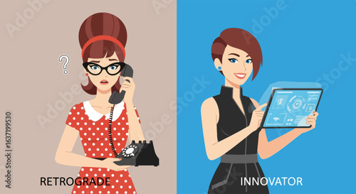 Retrograde versus innovator illustration shows woman using rotary phone, while modern woman holds transparent tablet.