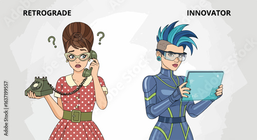 Retrograde versus innovator concept showing a woman with retro telephone and modern woman with digital tablet. Retrograde approach is outdated, while an innovator is forward thinking.
