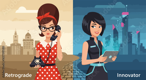 Retrograde innovator concept showcasing past technology compared to present day advancements. Retrograde thinker stands versus modern innovator, showing outdated landline and digital tablet.