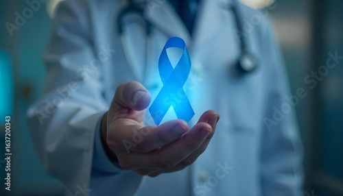 A doctor with a blue ribbon in hand, advocating for Movember and awareness of men's mental health and cancer issues