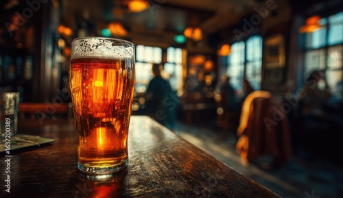Pint of beer on pub table, busy background, relaxing evening