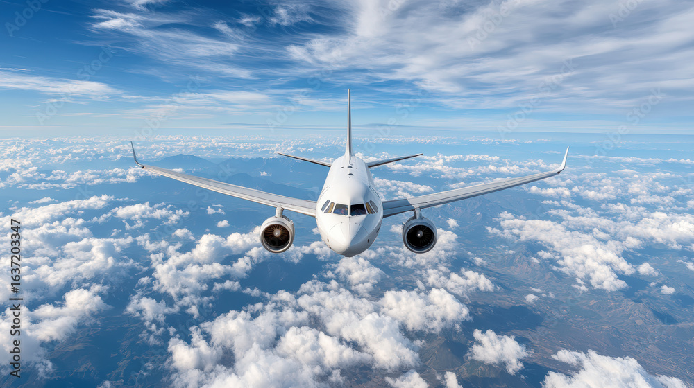 Fototapeta premium Aerial view of modern aircraft flying above fluffy clouds, showcasing its sleek design