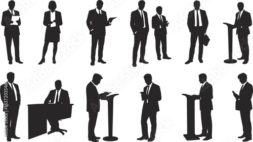 Flat vector illustration of business people silhouettes standing, presenting, and working at desks in professional corporate office and conference environments