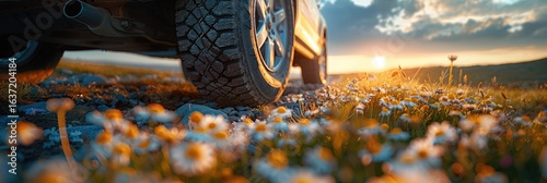 A car tire on the road in nature with flowers, a closeup of car tires and a natural background, a spring landscape with daisies and grass at sunset.