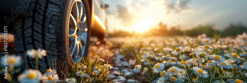 A car tire on the road in nature with flowers, a closeup of car tires and a natural background, a spring landscape with daisies and grass at sunset.