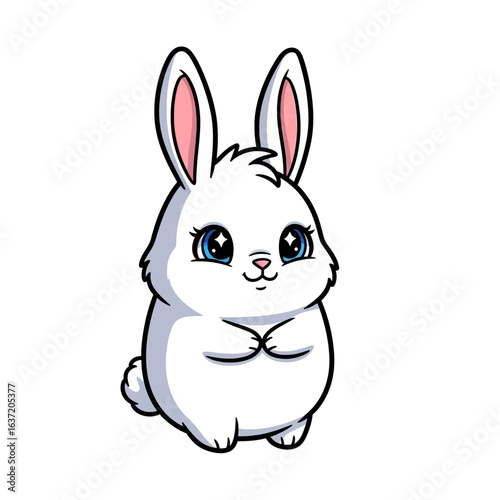 A charming, fluffy white cartoon rabbit with large, sparkling blue eyes, standing with its paws crossed and a sweet expression.