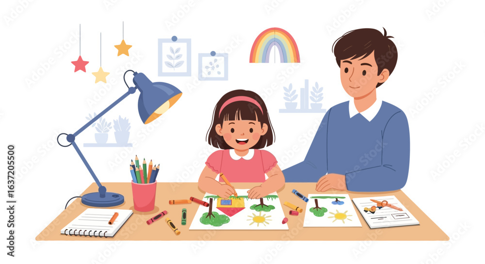 Caring father and happy daughter drawing together at a desk with crayons and pencils. Caring father and happy daughter drawing together at a desk with crayons and pencils.