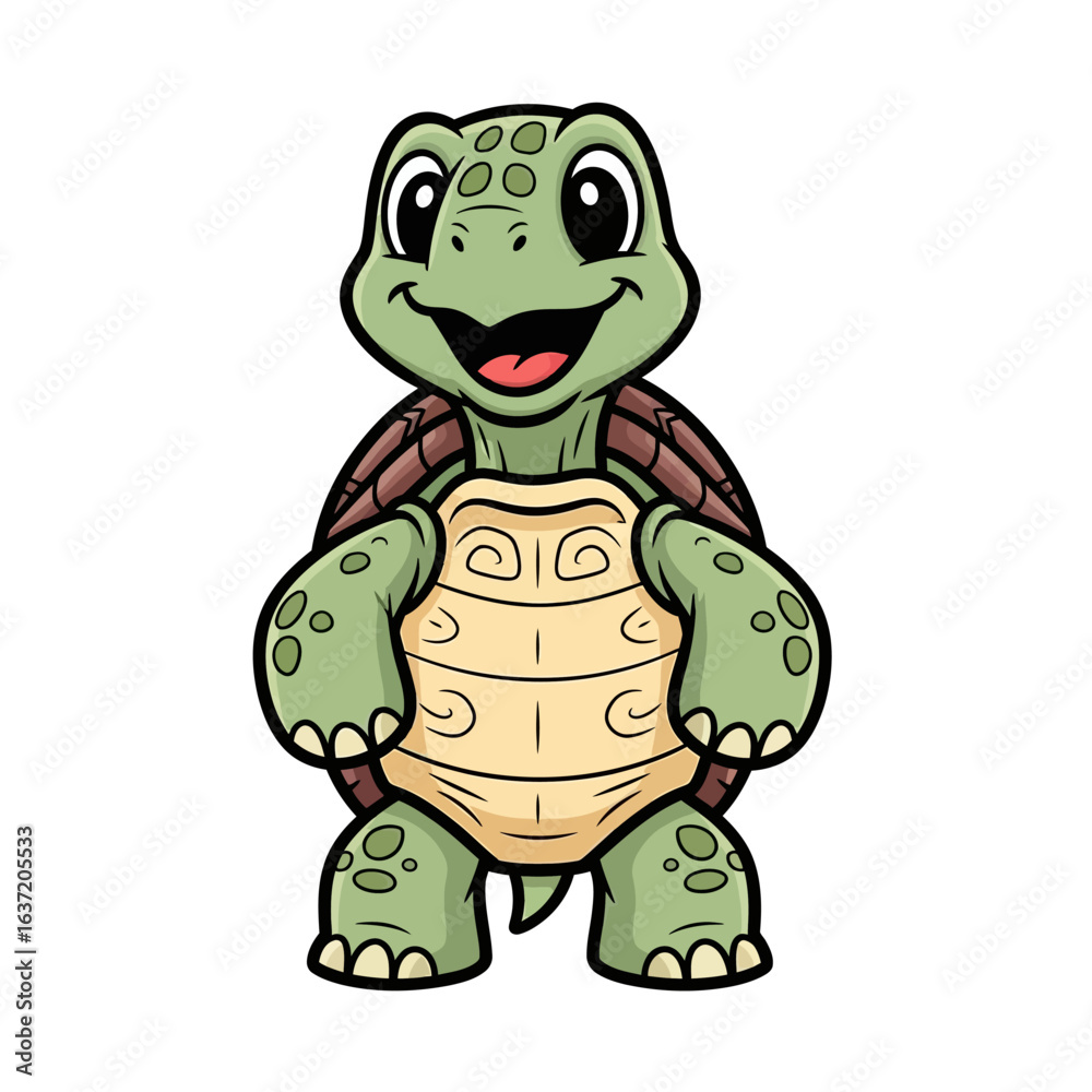 Obraz premium Cheerful green cartoon turtle mascot standing upright with a wide, friendly smile and a detailed brown shell.