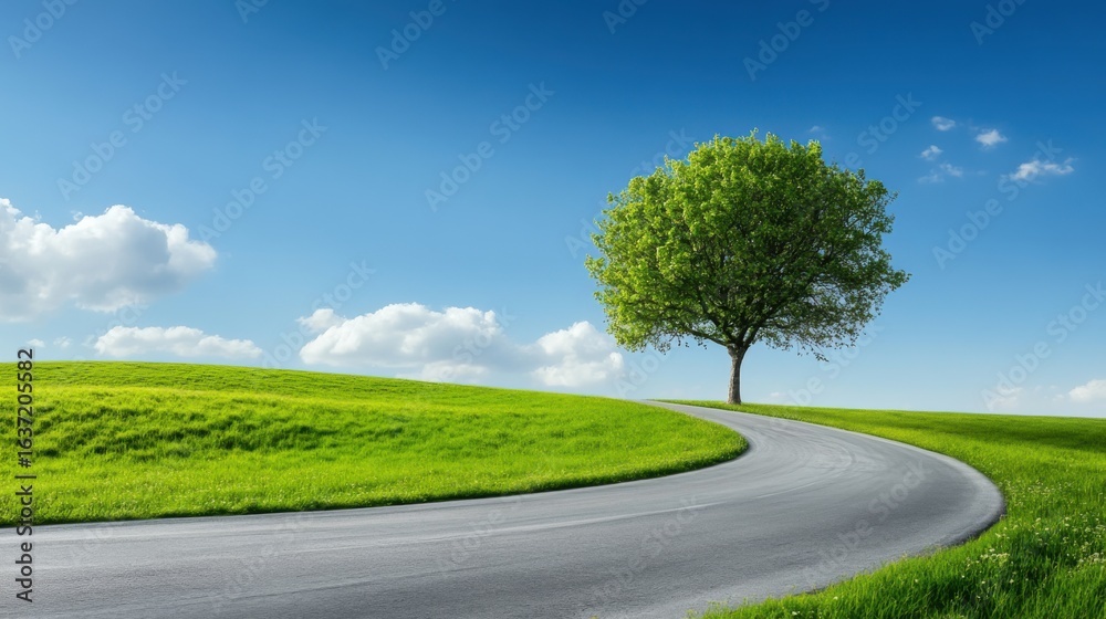 Fototapeta premium Serene Curved Road with Green Grass and Lone Tree Against Blue Sky