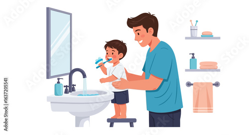 Caring father teaching his young son how to brush his teeth in the bathroom, a daily family hygiene routine illustration.