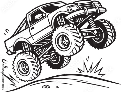Monochrome Vector of Monster Truck Jumping – Dynamic Black and White Illustration