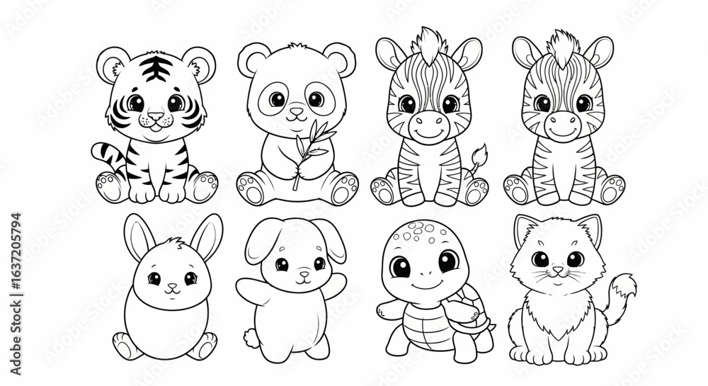 Obraz premium Set of cute cartoon baby animals in black and white outline. Adorable zoo and pet characters for coloring pages.
