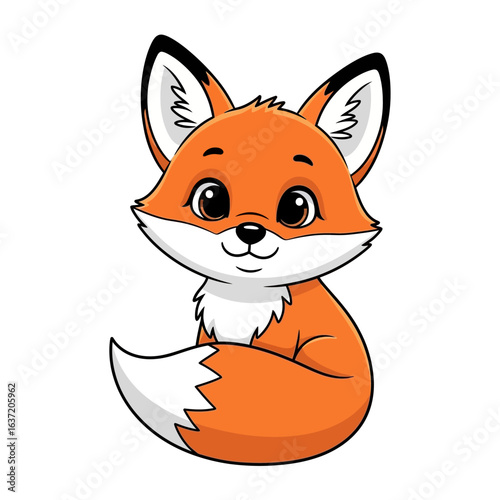 Stylized orange fox cub illustration with large brown eyes and a friendly smile, sitting with its fluffy white-tipped tail.