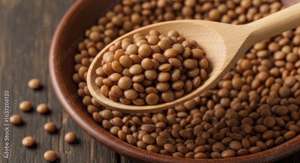 Fototapeta premium Nutritious brown lentils cascading from wooden spoon to fill rustic bowl