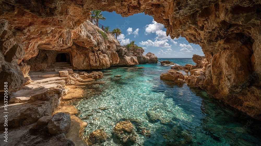 Fototapeta premium Ocean Cave Entrance with Turquoise Water and Blue Sky. Enchanting and Serene Coastal Scene.