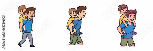 Cartoon Illustration of a Father Giving Piggyback Ride to His Son