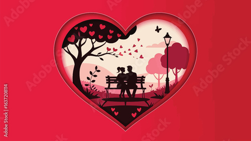 Couple on a bench inside a heart shape with romantic park scene and flying butterfly love romance
