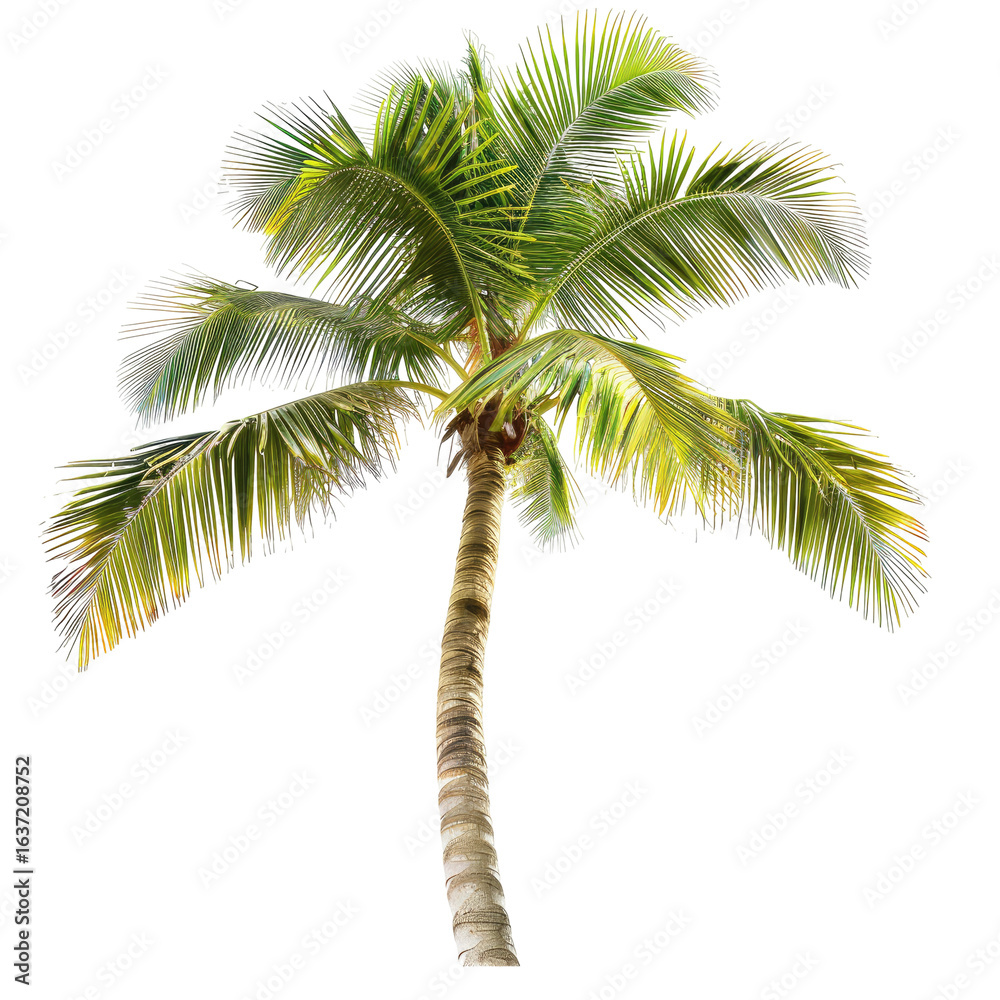 Fototapeta premium Vibrant tropical palm tree, highlighted leaves, isolated against black