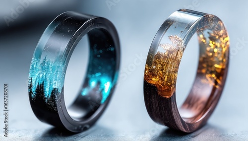 Two resin rings, one with teal/blue, other with amber/gold inclusions, on a gray surface
