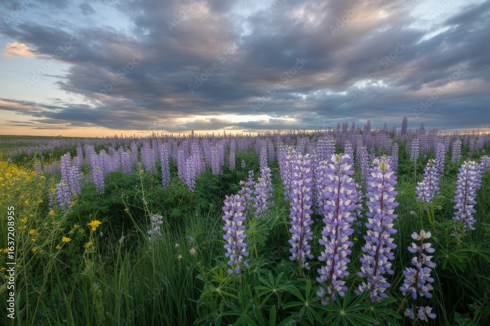 Obraz premium Vast field of purple lupine flowers under a dramatic cloudy sky