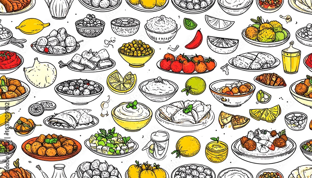 Colorful seamless pattern of various Middle Eastern foods Colorful seamless pattern of various Middle Eastern foods
