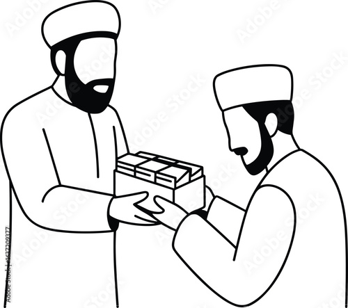 Two muslim men exchanging gift box in traditional attire during religious celebration, black and white flat vector illustration, Islamic culture concept