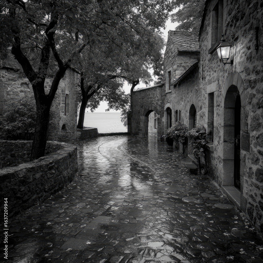 Fototapeta premium Rainy alleyway, stone buildings, and trees