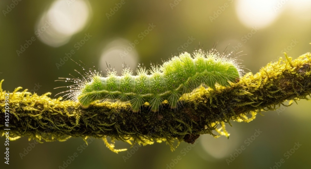 Fototapeta premium Vibrant Green Hairy Caterpillar Crawling on Mossy Branch with Backlit Bokeh