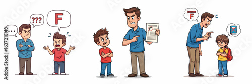 Cartoon Angry Father Scolding Son Because of Bad Grade Illustration