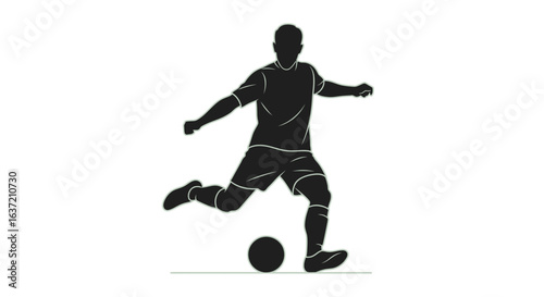 A black silhouette illustration of a male football player in motion, kicking a soccer ball.