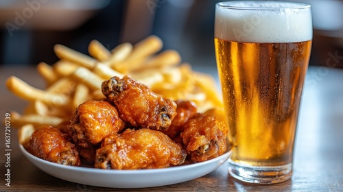 Crispy fried chicken wings and french fries with a cold beer
