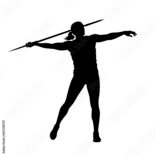 A black silhouette of a female athlete in motion, preparing to throw a javelin against a white background.