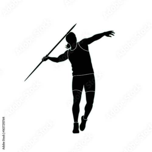 A black silhouette of a female athlete in mid-throw, launching a javelin with athletic form.