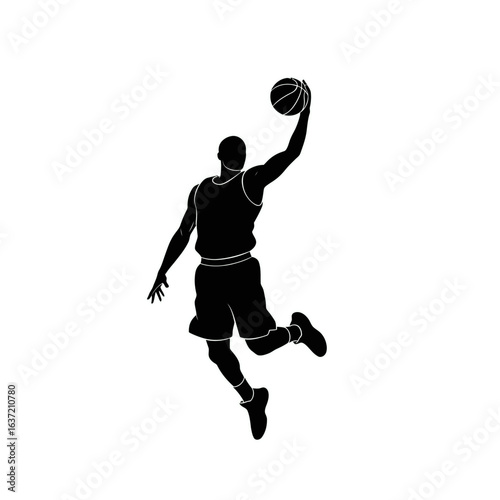 A black silhouette of a basketball player jumping high in the air to dunk the ball.