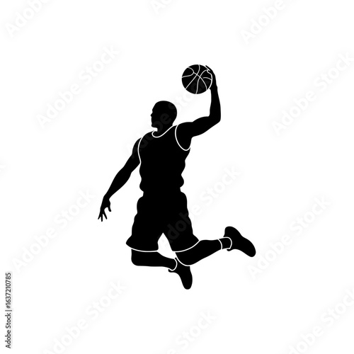 A black silhouette of a male basketball player jumping in mid-air to dunk the ball.
