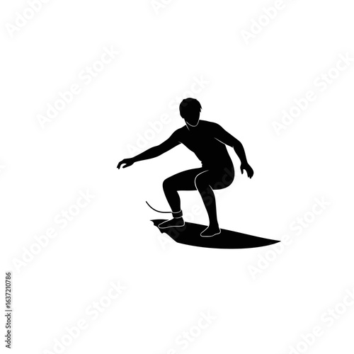 A black silhouette icon of a surfer riding a wave, balancing on a shortboard.