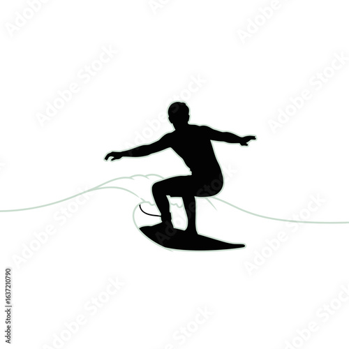 A black silhouette of a surfer riding a small, stylized wave on a white background.