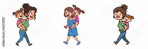Cartoon Mother Giving Piggyback Ride to Child Illustration Set