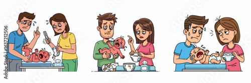 Cartoon Exhausted Parents Frustrated with Crying Baby While Changing Diaper Illustration
