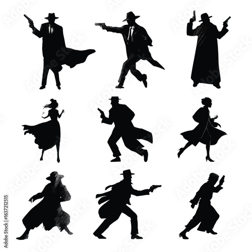 crime silhouette set, Black & White silhouette set