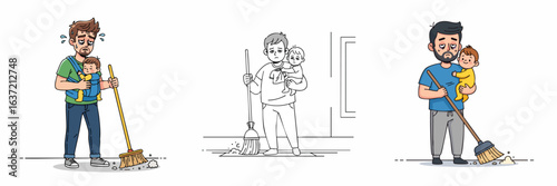 Cartoon Exhausted Father Sweeping Floor While Holding Baby Illustration
