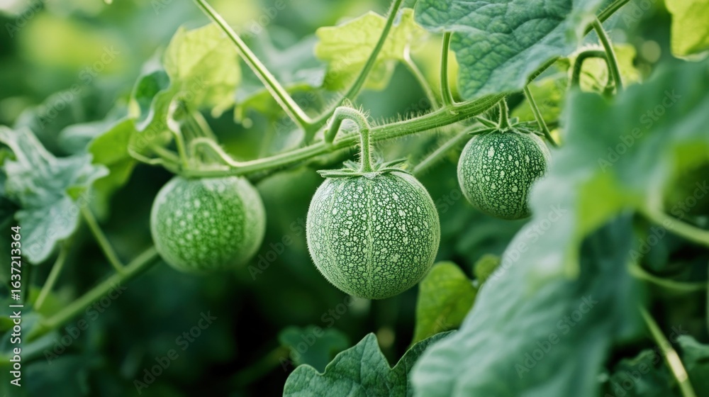 Fototapeta premium Fresh Green Cantaloupe Fruits on Vines in Garden