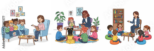 Colorful Handdrawn Classroom Scene with Teachers and Students Illustration