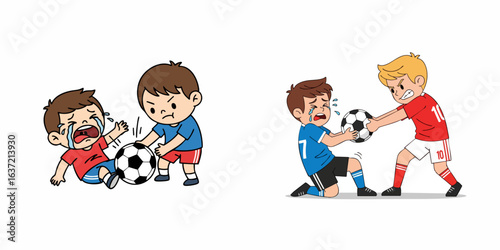 Cartoon Illustration Showing Quarrelling Kids Fighting Over a Soccer Ball