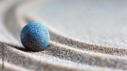 A serene, blue sphere rests on a textured sand surface