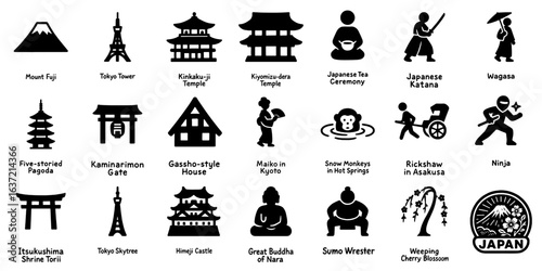 日本のラウンドマークフラットデザインシルエットアイコンセット、Flat Design Silhouette Icon Set of Japan’s Landmarks