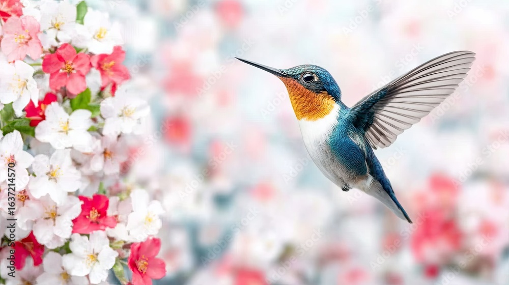 Fototapeta premium A close-up of a hummingbird hovering near vibrant flowers, wings in motion blur, bright color contrast, macro wildlife photography style 