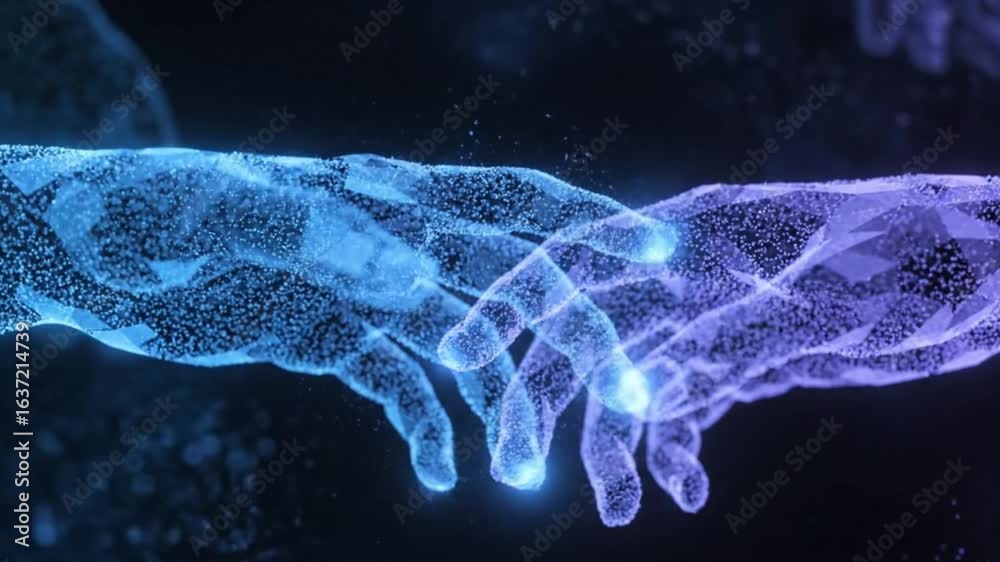 Close-Up of Multiple Hands Made from Polygons or Light Particles Reaching Toward Each Other Stock ビデオ | Adobe Stock