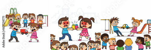 Colorful Handdrawn Children Fighting Over Toy Car Illustration Scene